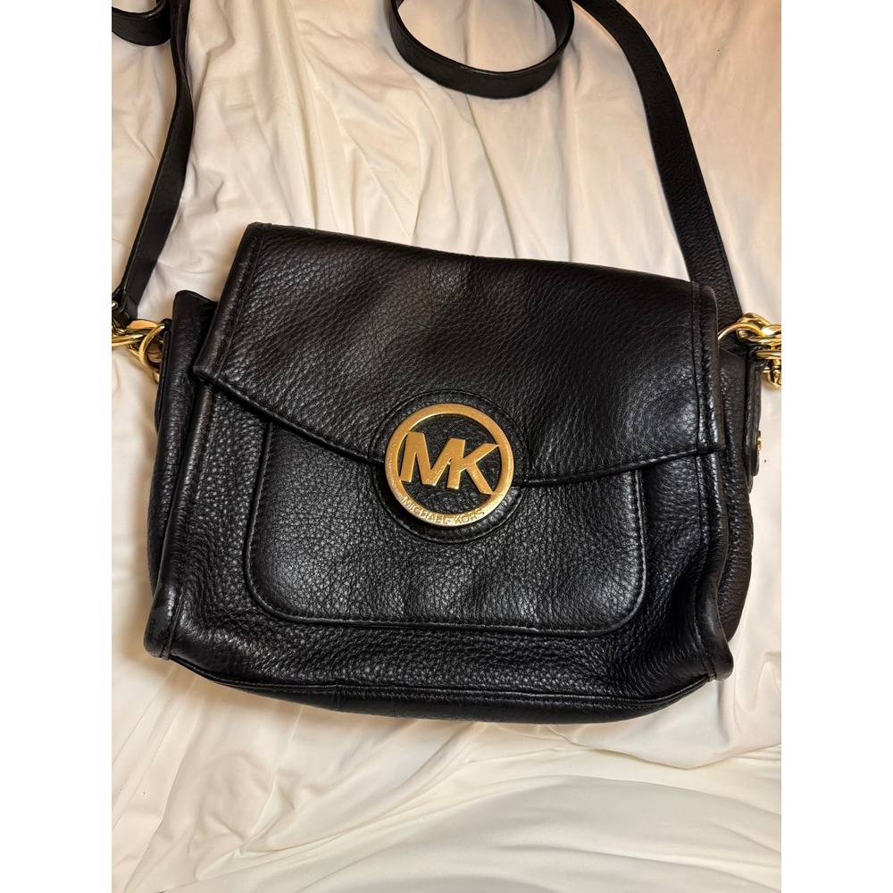 Michael Kors Black Pebbled Leather Crossbody Bag Gold MK Logo Medallion